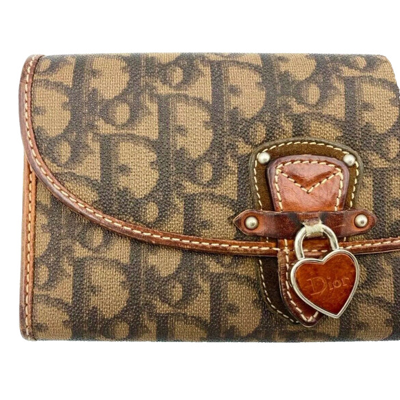 Authentic DIOR Long Wallet Trotter Romantic Brown PVC Leather Heart Charm - Picture 3 of 6
